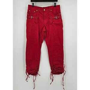 Apollo Jeans Women 15/16 Stretch Red Cinch Crop Y2K Pant Buckle Design Pockets